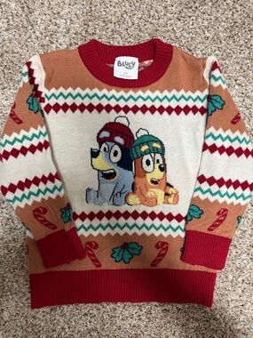 Bluey Kids' Holiday Crewneck Sweater - Red, Cream & Tan